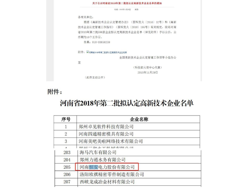 热烈祝贺恒安电力公司通过高新技术企业复审