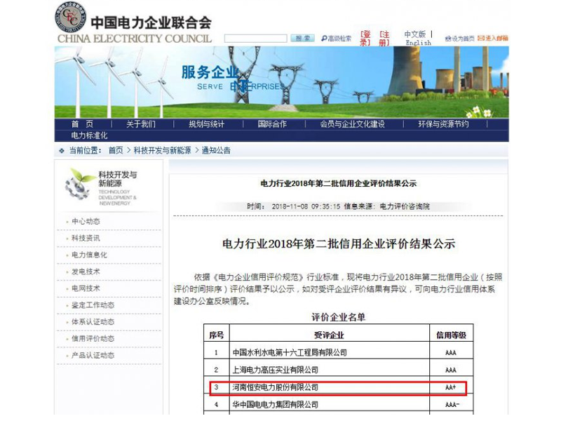 电力行业信用评价结果公示（恒安电力）